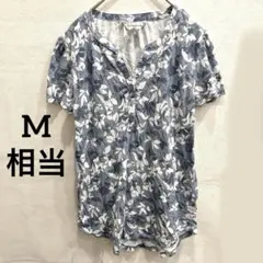 リズクレイボーン【M】輸入古着 花柄 チュニック丈 ヘンリーネック 半袖シャツ