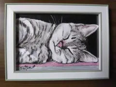 猫 手描きアクリル画 原画一点物（フレーム付き）