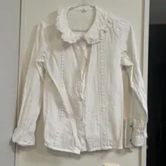 フリル襟 ホワイト コットンシャツ 長袖