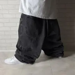 美品 00s トリプルファイブソウル 先染めバギーブラックデニム HIPHOP