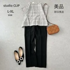 美品✨コーデ売りL-XL麻混ベストブラウス　黒テーパードパンツ　春夏　ナチュラル