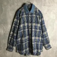 【長袖シャツ】総柄 柄シャツ リブ襟 幾何学模様 L メンズ 古着