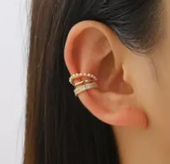 ボリューム イヤーカフ ゴールド パール風 片耳 3連 ピアス イヤリング