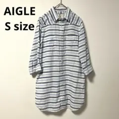 【AIGLE】ボーダーシャツ　Sサイズ　五分丈　ブルー　コットン