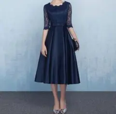 【美品】パーティドレス　ミモレ丈　結婚式　ワンピース　2次会　袖あり　レース