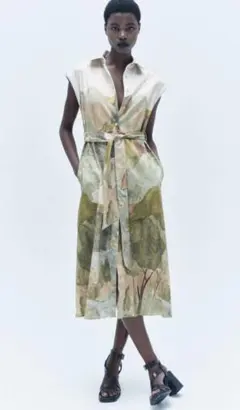 ZARA 風景画プリントノースリーブシャツワンピース グリーン　水彩画フレンチ袖