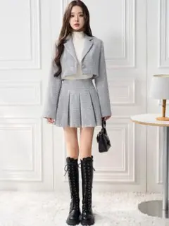 フリージア ラメツイードジャケット×プリーツミニスカートセットアップ L