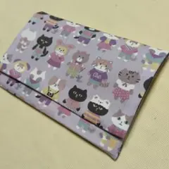 ハンドメイド　診察券も入る　お薬手帳ケース　アニマル柄　猫　キッズ　パープル
