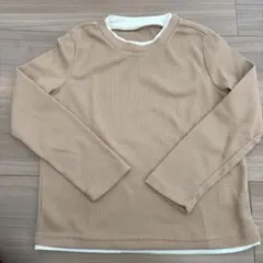 ベージュ 長袖カットソー リブ編み