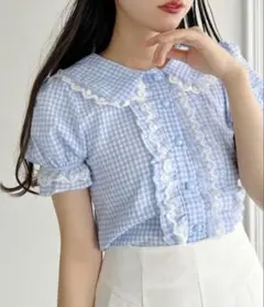 Loueme ギンガムチェック ハートボタン フリルブラウス
