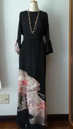着物リメイクワンピース 留袖ドレス 扇子の中の鶴