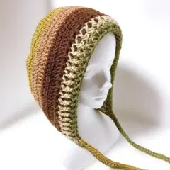 耳当て付きニット帽　ボンネット帽子フード帽 y2k ハンドメイド アースカラー