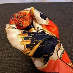 オレンジ ネイビー シルク風スカーフ 約90cm