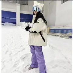スキースノーボードウェア 上下セット女性用 Lサイズ アイボリー/紫