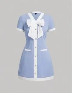 水色リボン付きミニワンピース 半袖 SHEIN ドレス コントラストスリム