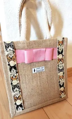 オーダー　ネコ柄　ハンドメイド　インド刺繍リボン　ジュートバッグ