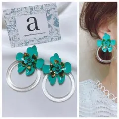 2293-3 2way ゴールド☺︎グリーンフラワーのピアス×クリアフープ☺︎