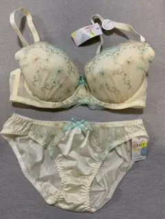 E75L フェアリー　花柄刺繍×レース　ブラ＆ショーツセット　イエロー