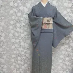 正絹　訪問着　麻の葉　梅　小花　青灰色　洒落訪問着