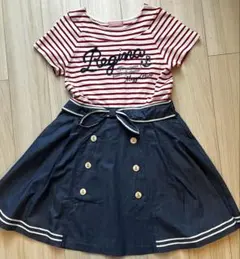 美品 メゾピアノ ジュニア 半袖ドッキング ワンピース LL （165）マリン風