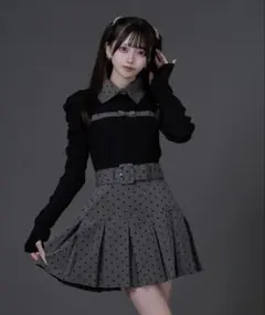 パルエルフィー 襟付きリボンリブニット ベルト付き裾プリーツスカート ブラック