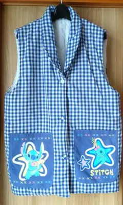 中古訳あり　スティッチ　チェック柄の中綿入り袖無し　ルームウェア