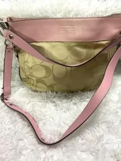 COACH コーチ ショルダーバッグ ピンク×ベージュ サテン×レザー 斜めがけ