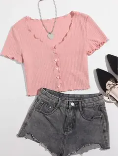 SHEIN Qutieフロントボタン レタストリム リブニット Tシャツシーイン