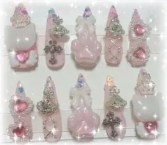 【現品】ネイルチップ ピンク 姫系 量産型 地雷系 ねこ ゴテゴテ サブカル