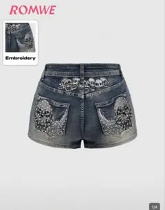 SHEIN ROMWE スカル刺繍ダークデニムショートパンツ ブルー M