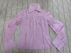 USED★ピンクと白のストライプ パフスリーブシャツ Mサイズ