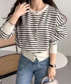 クルーネック無地ボーダー長袖ニットカーディガン