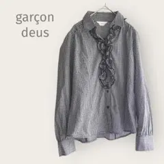 garçon deux 【LL】長袖シャツ　ギンガムチェック　モノトーン　フリル