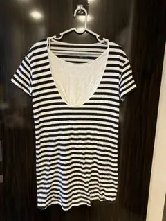 マタニティ Vネックストライプトップス 授乳服　半袖