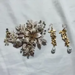 ブライダル　ゴールド　ヘッドドレス　ピアス　セット　カラードレス