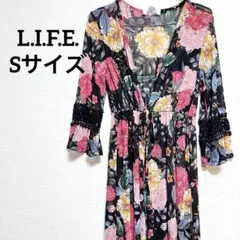 【S】 L.I.F.E. フラワープリント 花柄 長袖 シャツ ロングシャツ