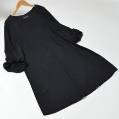 L〜LL 大きいサイズ チュニック ワンピース 7分袖 レディース きれいめ/黒