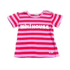 ミキハウス ピンク×赤ボーダー レトロ ロゴTシャツ 110cm