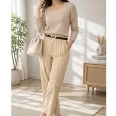 コーデ売り 2着セット ニットトップス(2)×ストライプパンツ(9号) M相当