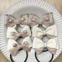 【再販】ハンドメイド キッズ ヘアゴム ＊ベージュ千鳥格子×ラインストーンパール