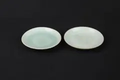中国美術 景徳鎮 豆青釉　一対　唐物　古物　 古い小皿 落款あり EN25-7
