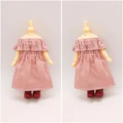 ハンドメイド ドール服 くすみピンク色 オフショルダーフリルワンピース １点のサムネイル