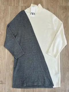 新品タグ付き ZARA ニットワンピース M ミニ丈 バイカラー ザラ 長袖 春