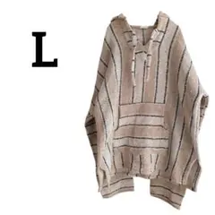 美品✨ 【L】 パーカー メキシカン ベージュ ストライプ柄 オーバーサイズ