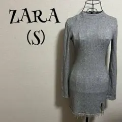 ZARA/ザラ（S）ワンピース/グレー/リブニット/クルーネック/長袖/シンプル