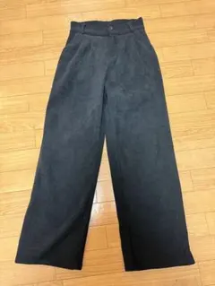 コーデュロイ 裏起毛 ワイドパンツ ブラック M ウエストゴム