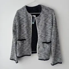 ツイード ノーカラージャケット 白黒
