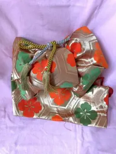 七五三作り帯/花柄結び帯 オレンジ 緑 約14cm幅