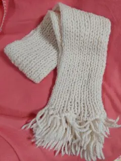 ハンドメイド クリーム色 マフラー フリンジ付き