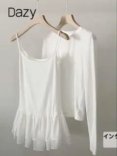 DAZY 無地長袖ベースTシャツ&シフォンサスペンダードレス2点セット　Lのサムネイル
